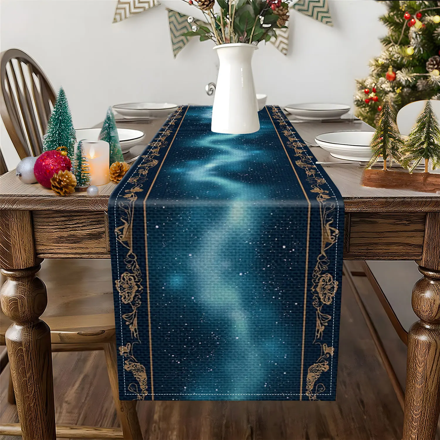1Pc Starry Sky Theme Table Runner with Starlight, Forest, Aurora Patterns, Suitable for Fantasy Party, Home Decor, Photography Backdrop Scene.