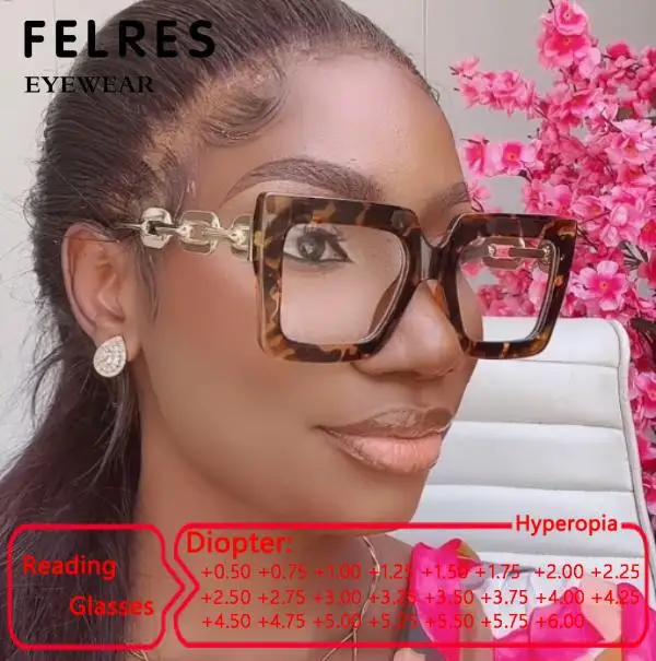 Trending Oversized Square Reading Glasses Women Metal Chain White Black Glasses Frame Fashion Anti Blue Light Presbyopic Glasses