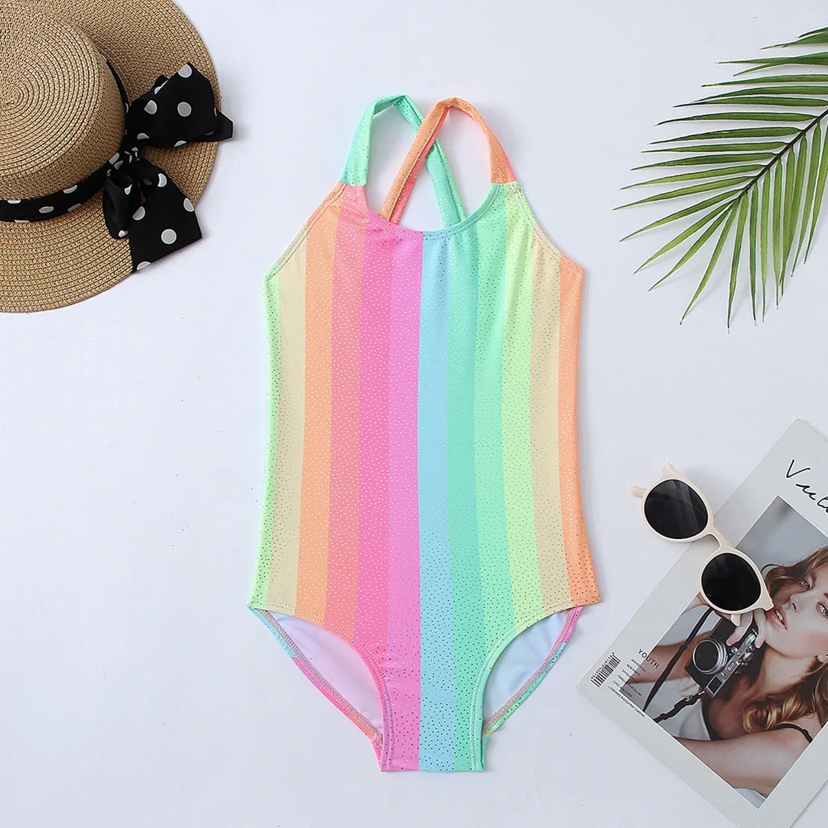 Rainbow Striped Girl One Piece Swimsuit Kids 4-12 Years Bling Children's Swimwear Toddler Girls Bathing Suit Monokini Beachwear