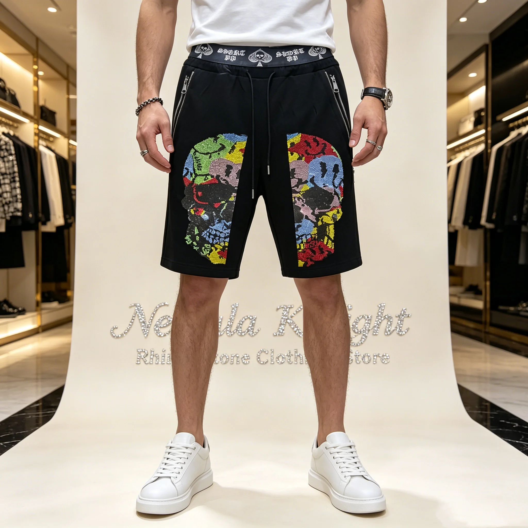 

Men Rhinestone Sports Shorts Drawstring Elastic Waist Zipper Pocket Summer Running Beach Casual Shorts