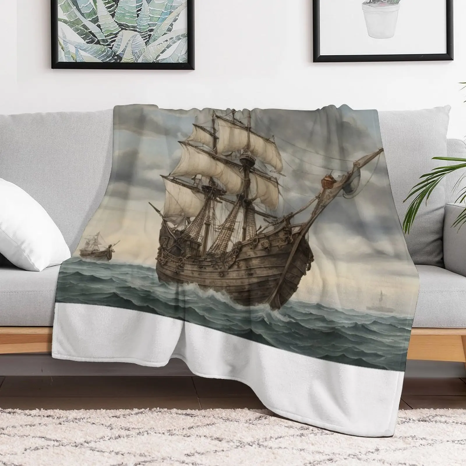 Medieval ship at sea without crew Throw Blanket