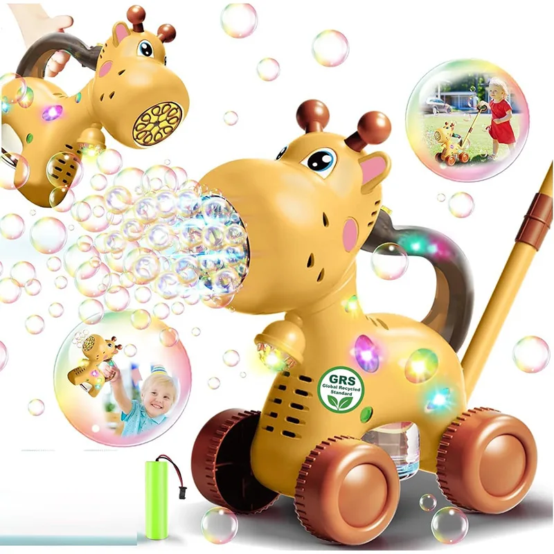 2 In 1 Automatic Bubble Toddler Cart Giraffe Bubble Lawn Mover Outdoor Toys For Boy Girl Push Or Handheld Bubble Maker Blower