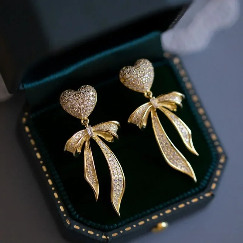 

Vintage Fine Jewelry Luxury Daily Earring Fashion original inlaid crystal bowknot heart-shaped earrings for women wedding gift