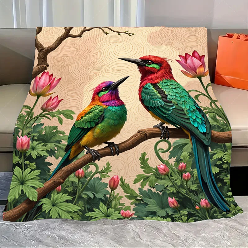 

1pc Flannel Blanket Vibrant Birds & Blossoms Cozy Throw Blanket for Home Decor