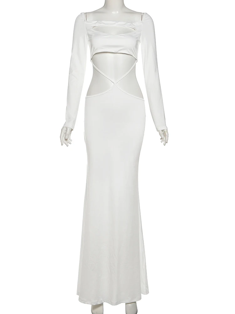 Nibber فستان مجوف مثير بدون خصر للنساء للخريف بياقة مربعة وأكمام طويلة نحيل قابل للتمدد أنيق للعطلات #6