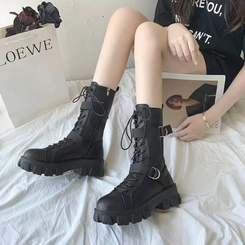 

2024 New Autumn and Winter Plus Size Martin Boots, Lace Up Thick Soled Midsole Boots, Fashionable Punk Motorcycle Knight Boots