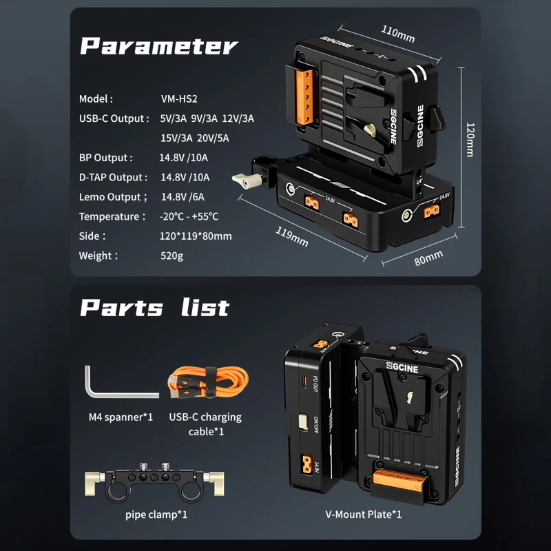 ZGCINE VM-HS2 Hot Swap/Shark Fin Dual Micro V Mount Battery Plate V Lock Battery Adapter Plate w/ LEMO/ D-tap/ BP/ USB-C PD 100W