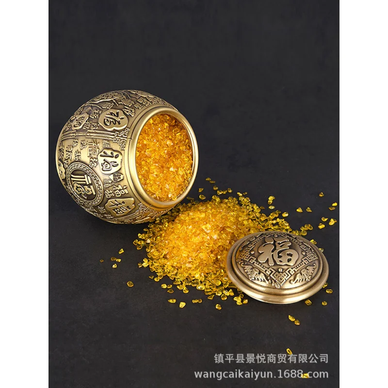 Brass Rice Hundred Blessings Jar Tea Canister Treasure Basin Office Desktop Ornament Ashtray Study Decoration