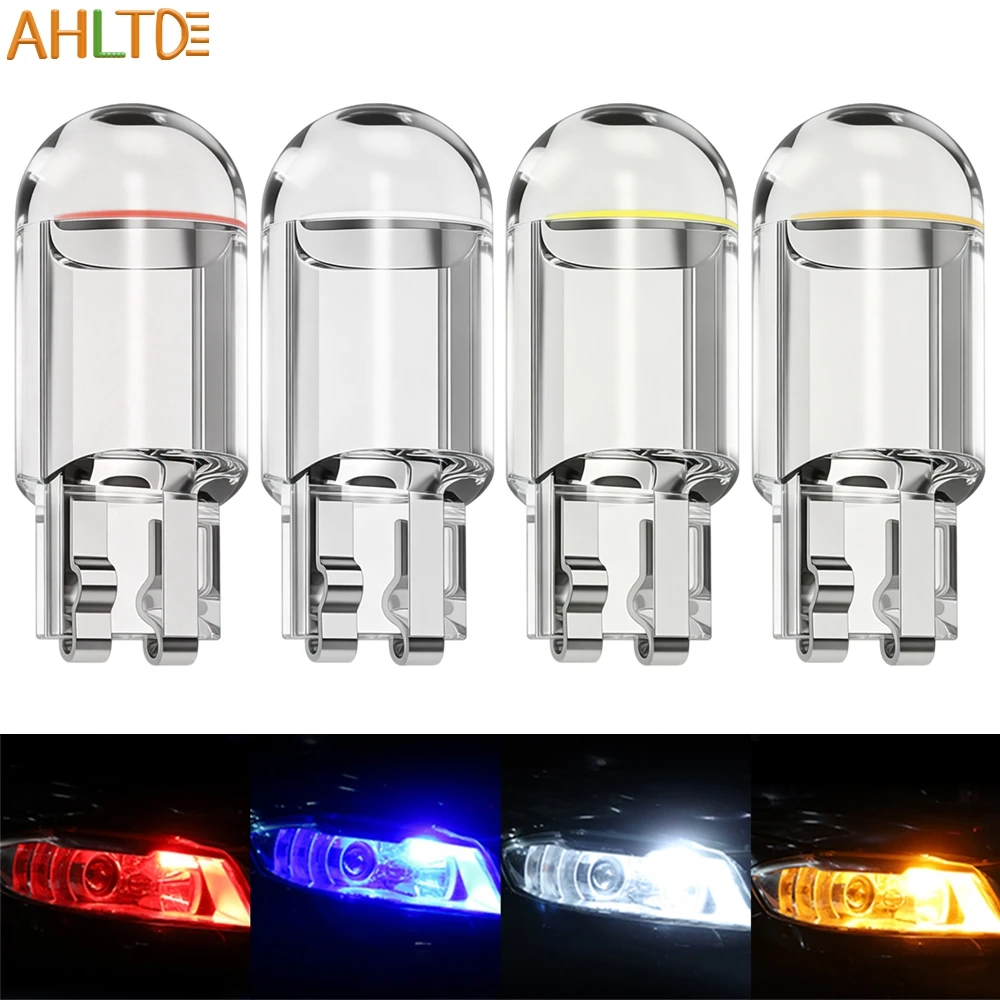 4X Car T10 W5W 194 Glass Housing Cob LED Bulb 6000K Wedge Turn Signal License Plate Lamp Dome Trunk Festoon Light White Blue Red