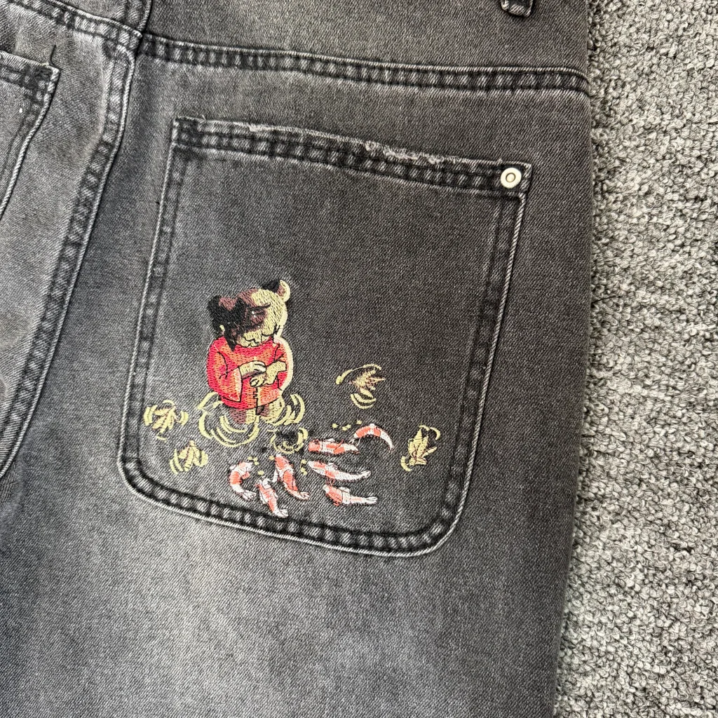 

25fw Derschutze kOI FISH BLACK WASHED Denim Leg Jeans Pants Men Women Patchwork Joggers Trousers