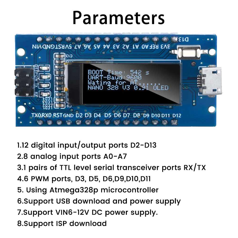 Nano V3.0 Development Board ATmega328P CH340C 0.91\'\' OLED Display 128*32 For Arduino Nano V3.0 MINI USB Micro USB Type-C USB