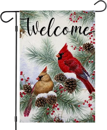 Welcome Winter Garden Flags for outside Decoration, Cardinal Pine Twigs Berry Sm PPZ