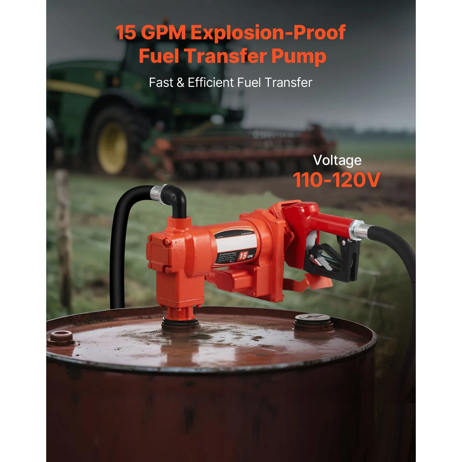 110V Electric Fuel Transfer Pump, 15 GPM Flow Rate with Fuel Nozzle