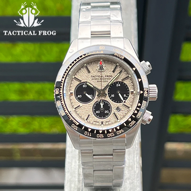 

Tactical Frog 41mm Panda Chronograph Watch VS75A Solar Quartz Movement Sapphire 20Bar C3 Luminous Stainless Steel Men's Watches