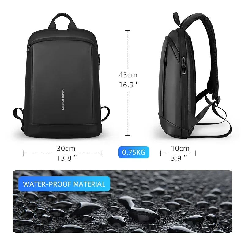 Men's Fashion Backpack Thin Backpack For Laptop 15.6in Waterproof Minimalist Backpack Ykk Zipper Waterproof Fabric