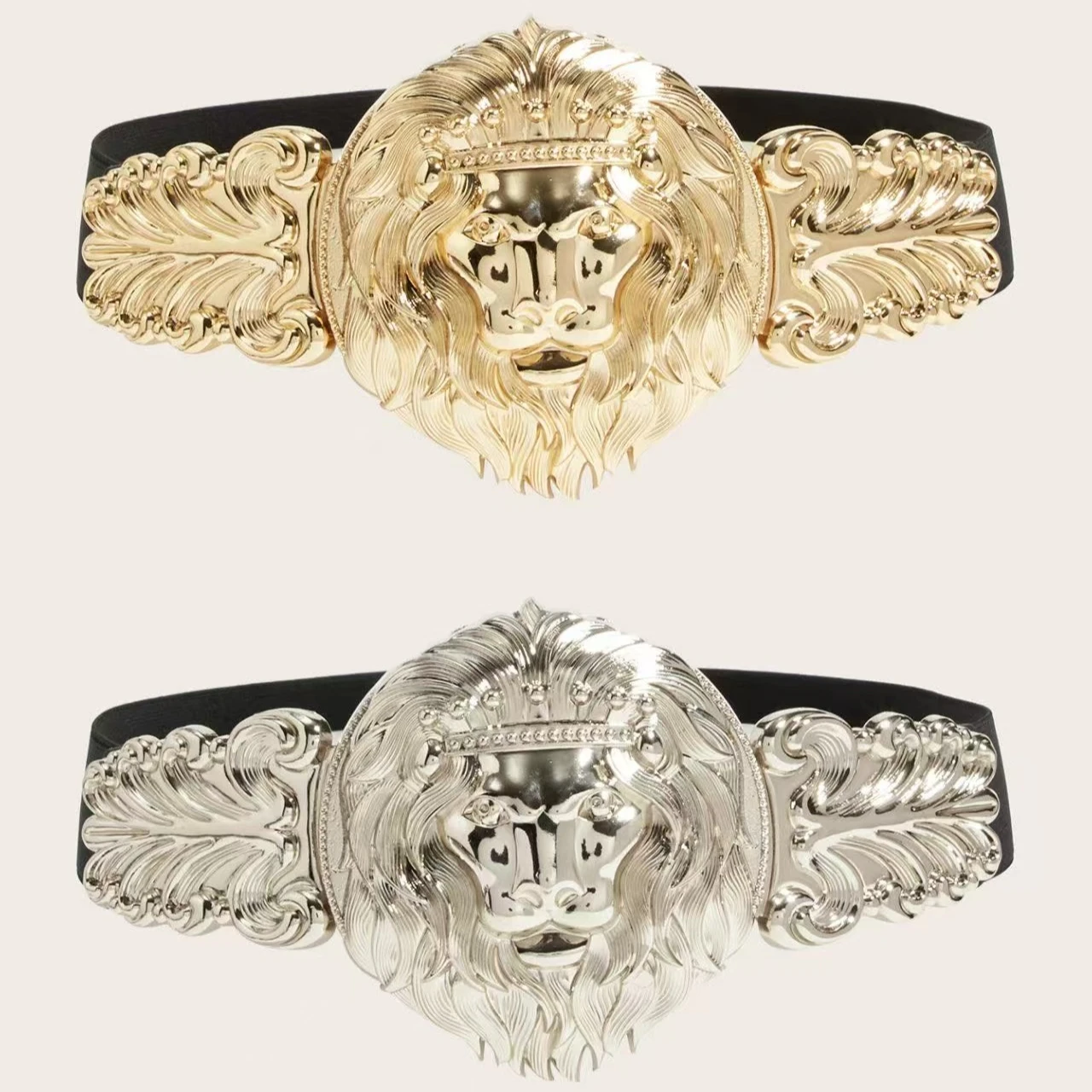 New Big Lion Head Metal Belt Super Exaggerate Wide Luxury Gold and Silver Strechy Waistband Party Accessory for Gifts