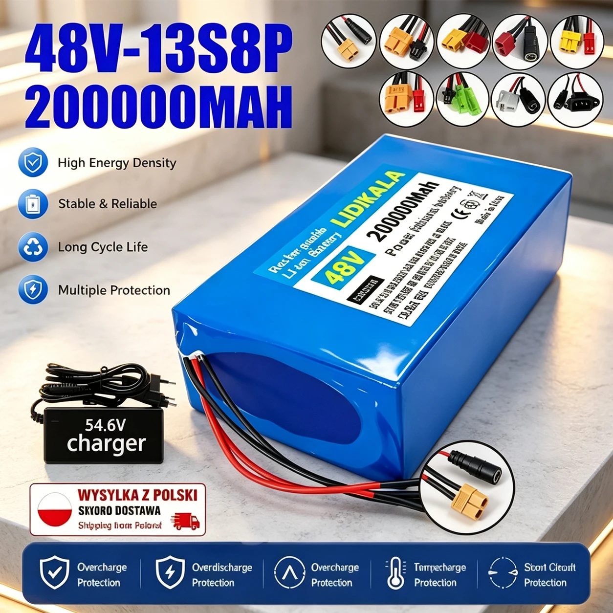 Brandneuer, originaler 48V 200Ah 13S8P Lithium-Ionen-Akku, 48V 200.000 mAh, geeignet für Elektroroller; der Akku verfügt über ein integriertes 50A-BMS und ein 54,6V-2A-Ladegerät.