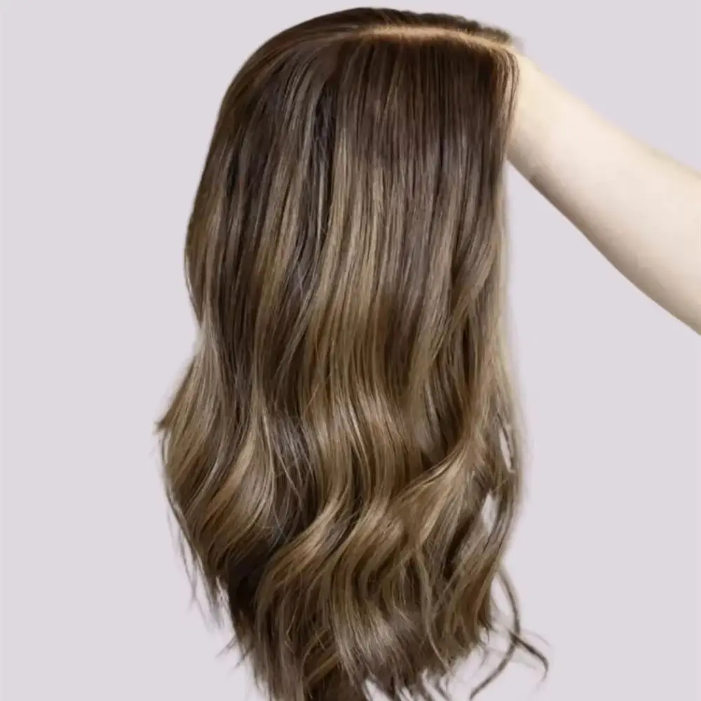 

13*4 HD Transparent Lace Wigs Realistic Look Hairline Ombre Warm Brown with Blonde Streaks Glueless Wigs Synthetic Hair 18 Inch
