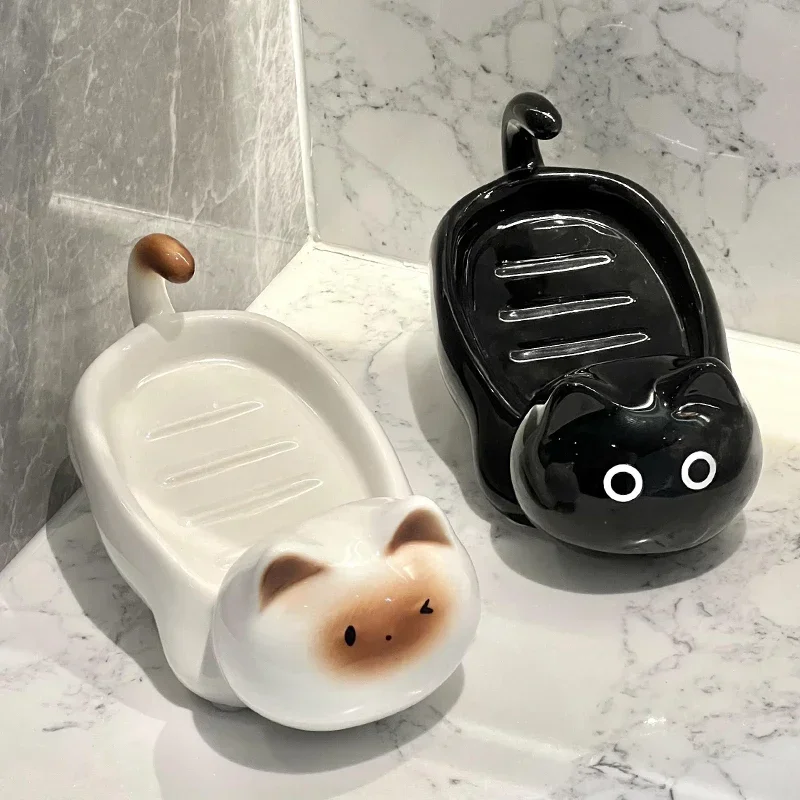 Creative bathroom soap box ceramic kitten soap box drain toilet shelf cute soap fat rack bathroom accessories