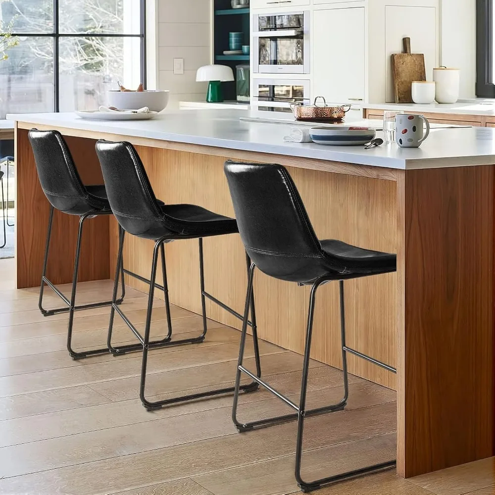 26 inch Bar Stools Set of 2, Modern Counter Height Bar Stools, Faux Leather Barstool with Back and Metal Leg, Armless Dining