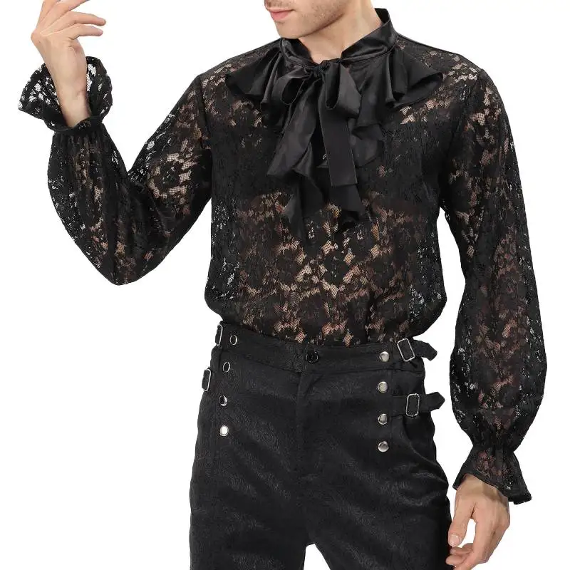 

DAZCOS Mens Pirate Vampire Gothic Shirt Rose Shaped Lace Shirt See Through Renaissance Victorian Poet Shirts Medieval Costume