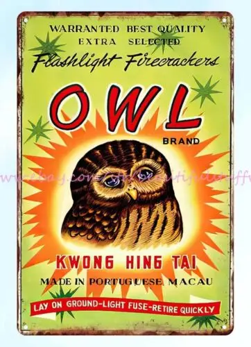 1950s owl brand firework firecrackers metal tin sign home kitchen art lodge cafe