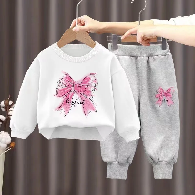 Autumn Baby Girl Boy Clothes Set Children Bow Cartoon Printing Sweatshirt Top and Pants Bottom 2 Piece Suit Kid Tracksuit