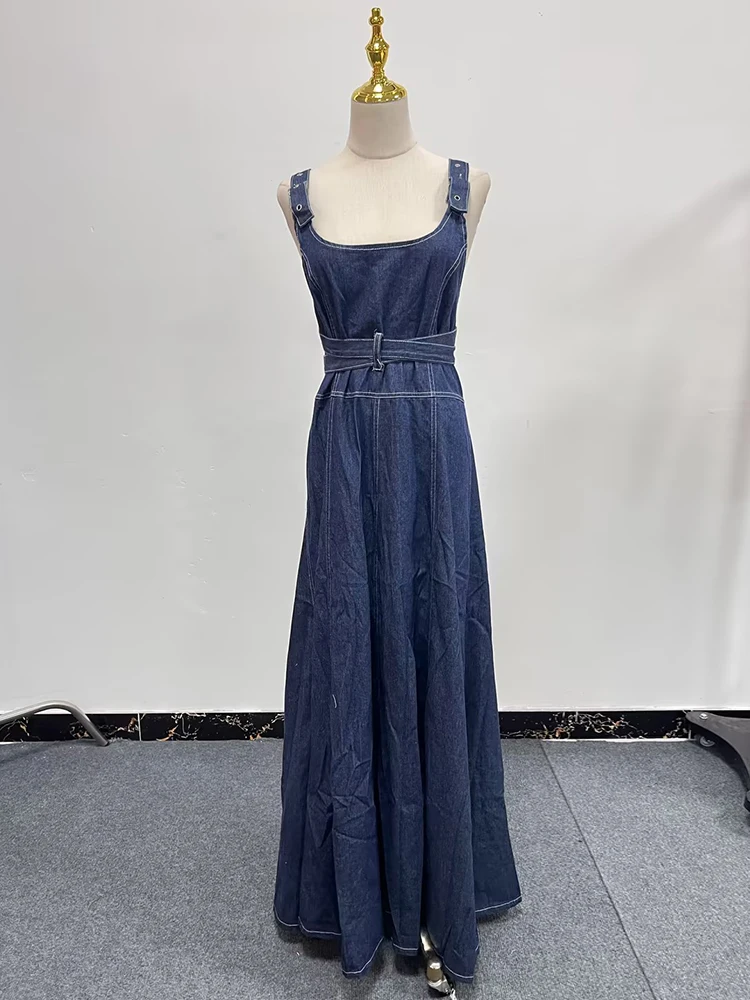 GALCAUR Denim Fashion Dresses For Women Square Collar Sleeveless Off Shoulder High Waist Tunic Solid Backless Midi Dress Female