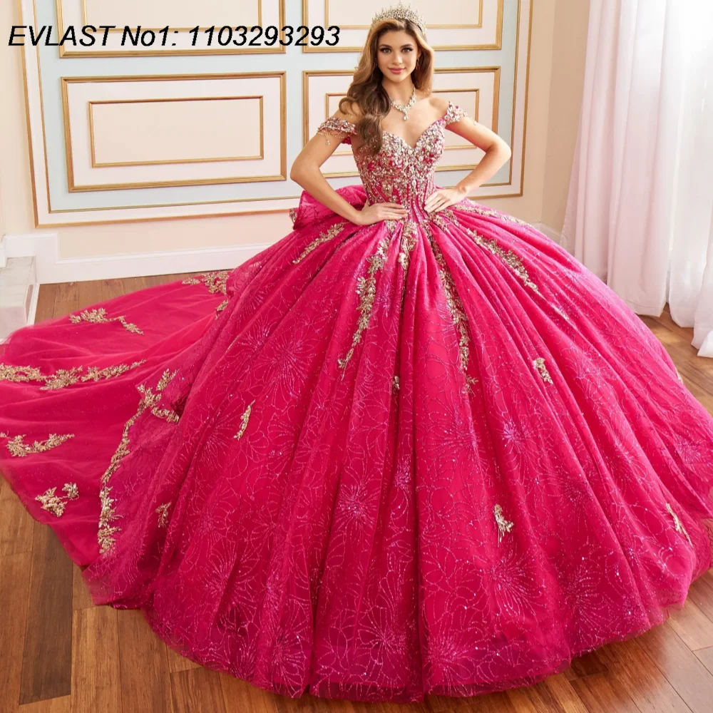 

EVLAST Customized Shiny Fuchsia Ball Gown Quinceanera Dress Glitter Gold Applique Beading Sweet 16 Vestidos De 15 Anos E1QN266