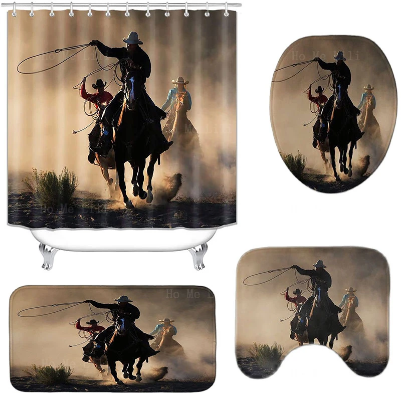 Country Cowboy Riding Horse In Wild West Powerful Lady & Lion Sexy Black Girl Ethnic Art Shower Curtain Non-slip Carpet Sets