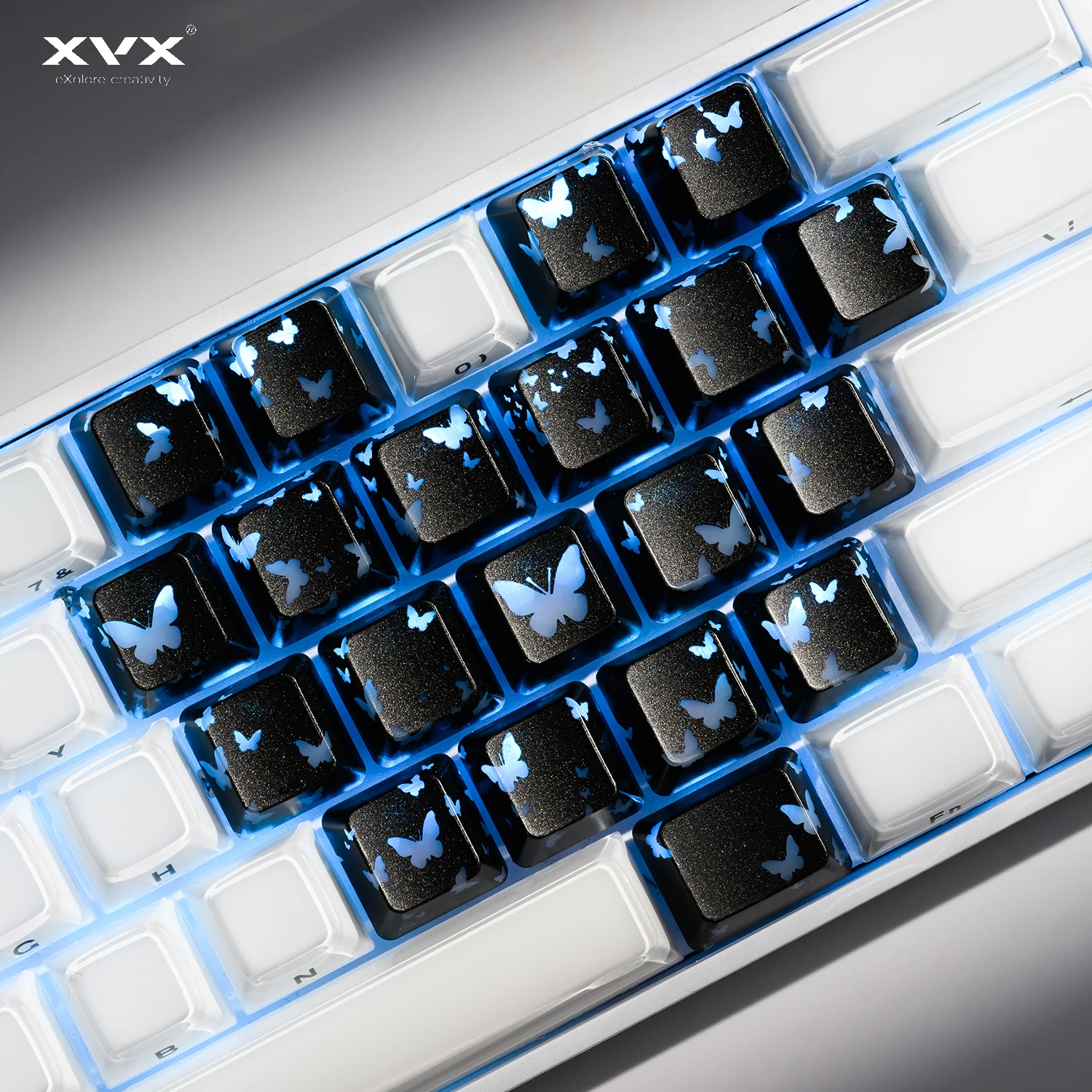 Transparent Glow Heart Butterfly Keycap Set - IMD Coated for Magnetic Axis MX Keyboard, Blank Design