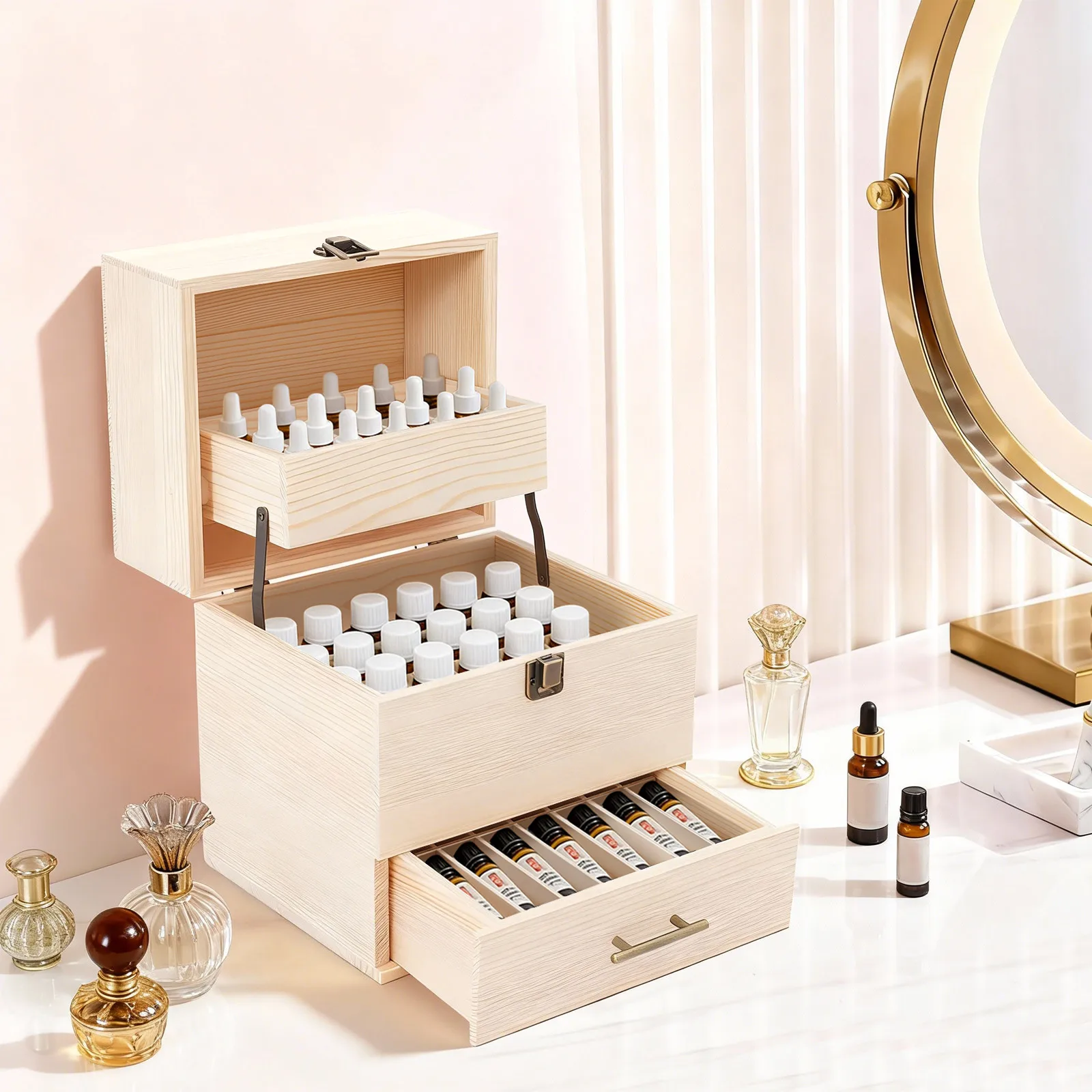 

Трехслойный деревянный органайзер для хранения эфирных масел на 59 отверстий, для ароматерапии и массажных масел, прочный держатель-витрина из сосны