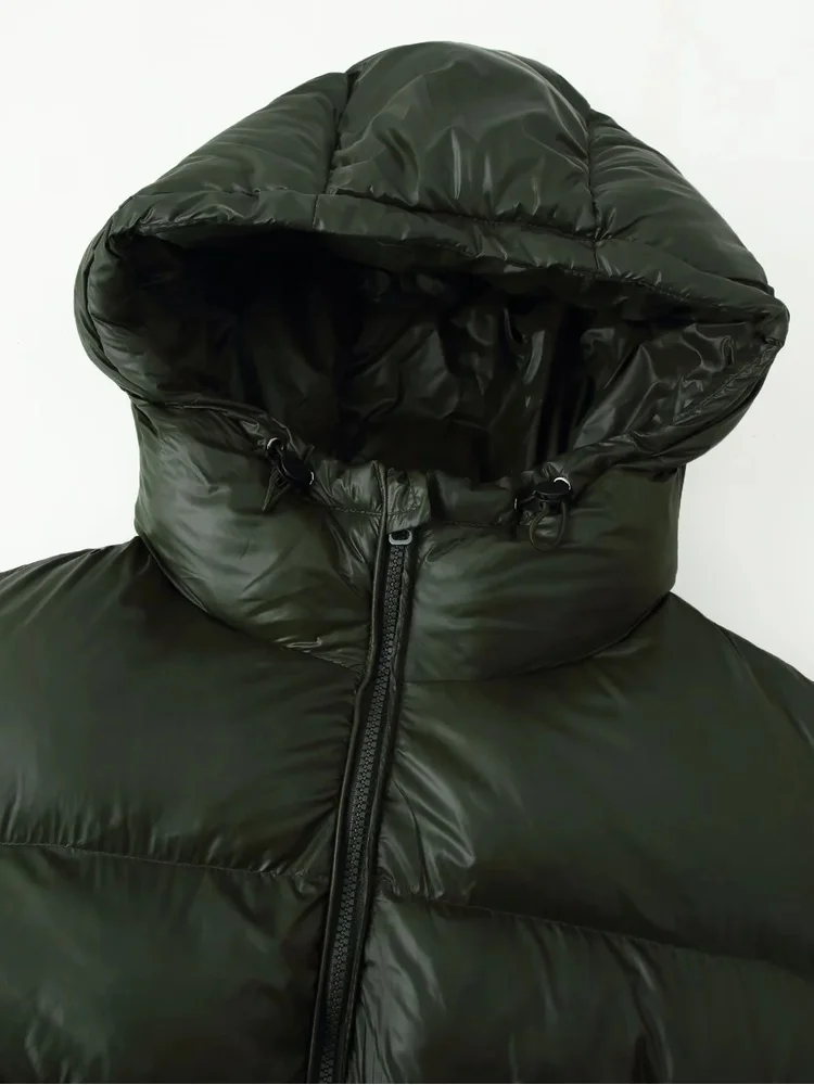 AACHOAE Women Shiny Hooded Puffer Jacket Zip Up Padded Coat with Zipper Pockets Drawstring Hem Loose Fit Warm Winter Outerwear