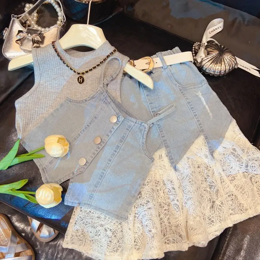 Girls' Summer Clothing Korean Version Denim Skirt 2025 New Style Children's Stylish Half Skirt Fashionable Three Piece Set