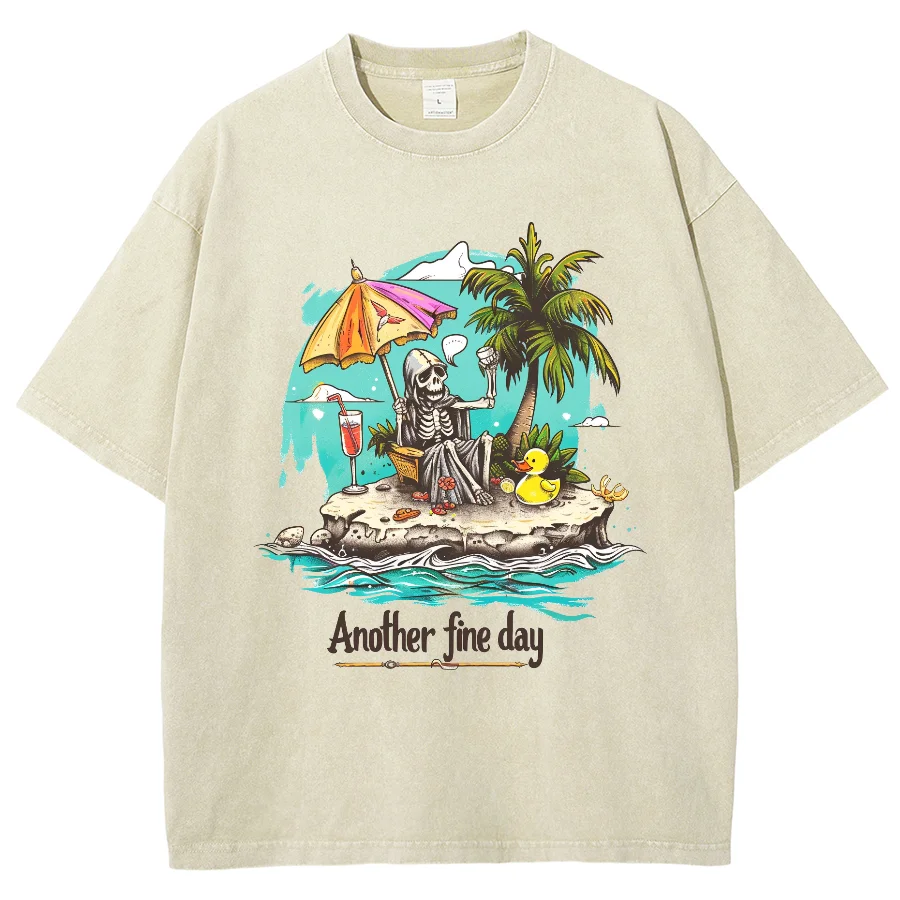 Beach Coconut Tree Skull Print Washed Denim Cotton T-Shirt Women's Black Short Sleeve Loose Oversized Casual Travel Home TOP