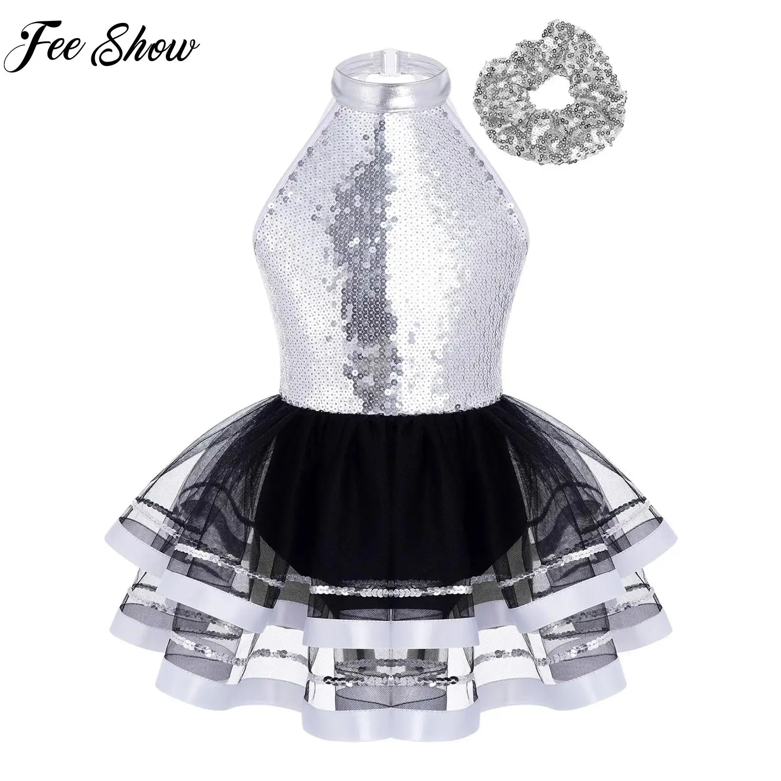 

Kids Girls Latin Jazz Dance Set Halter Sleeveless Sparkling Sequins Dress with Hair Tie Headwear for Hip-hop Street Dancewear