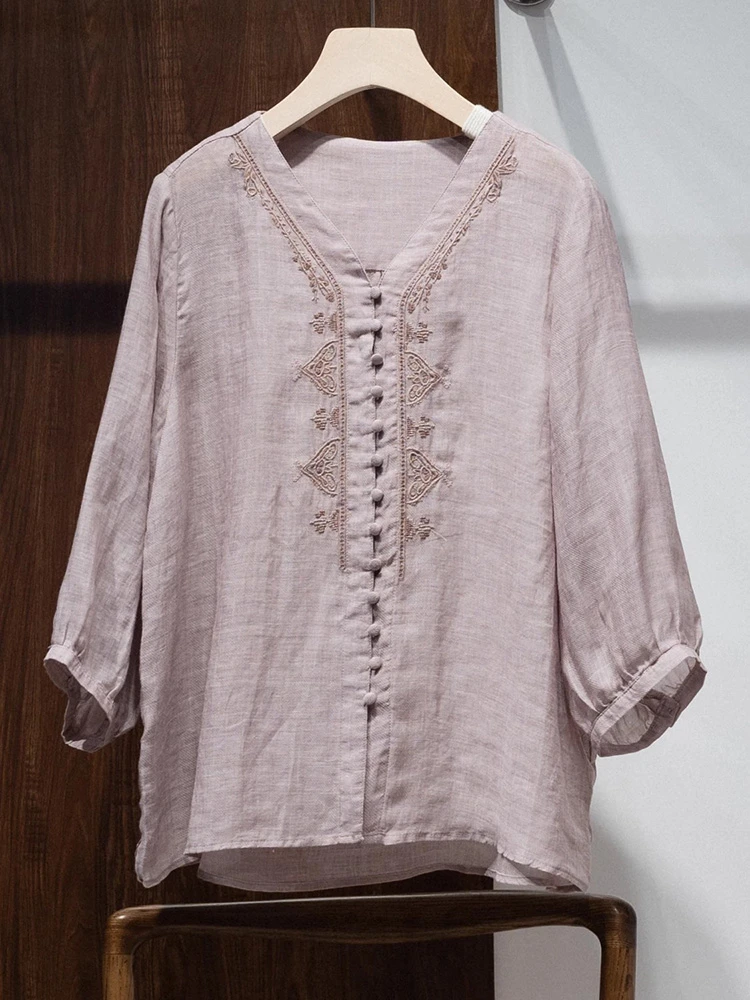 

100% Ramie Women Casual Shirt New Arrival 2025 Summer Vintage Style V-neck Embroidery Loose Comfortable Female Tops Shirts T639