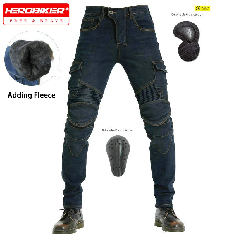 

Motorcycle Jeans Men's Winter Fleece Cycling Riding Pants Multi-pocket Moto Motorcross Work Pants with Extended Protective Gear