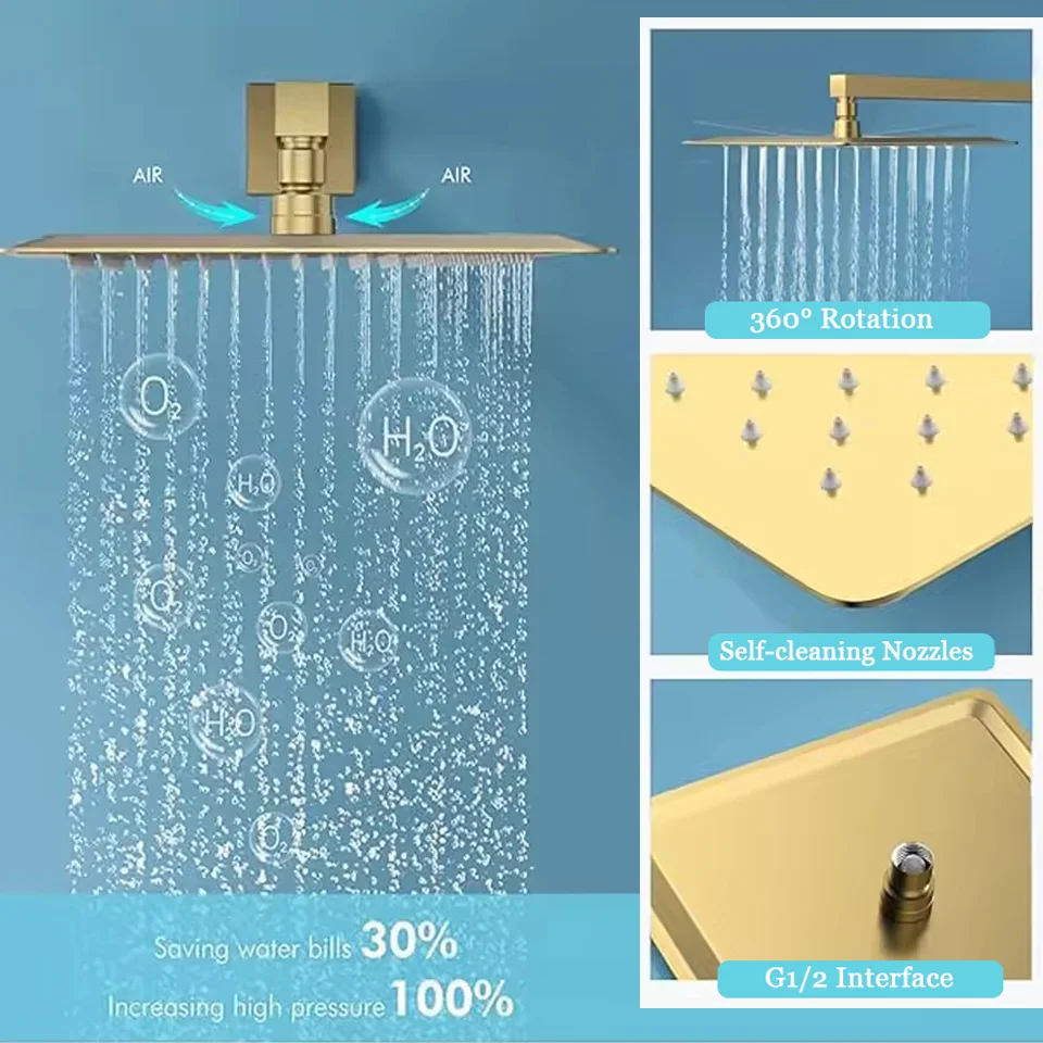 Golden High Pressure Rainfall Stainless Steel Shower Head High Flow 8