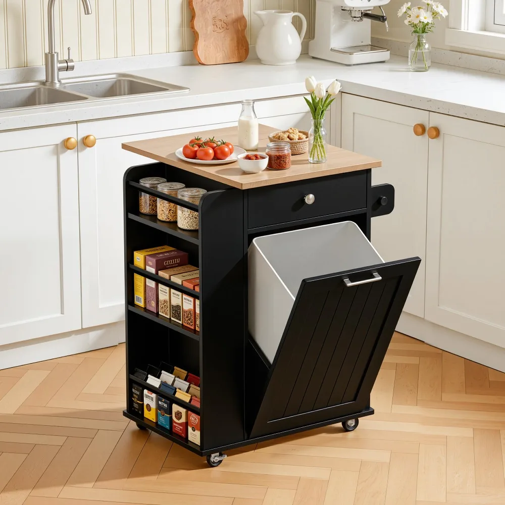 Kitchen Island, Island Table for Kitchen, Kitchen Carts on Wheels with Storage, Hidden Tilt Out Trash Cabinet