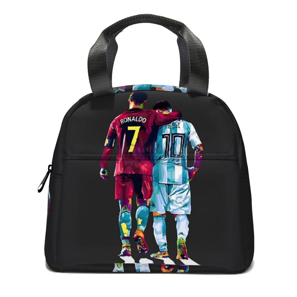 

Two of the best soccer players CR7 and Lionel Messi Insulated Thermal Cooler Bag Lunch bag Foods Drink Storage Leakproof