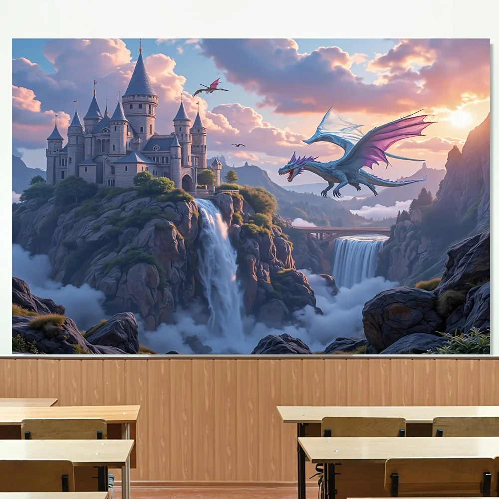 1 piece of fantasy castle and dragon tapestry - vibrant waterfall landscape, majestic blue dragon, indoor/outdoor decoration