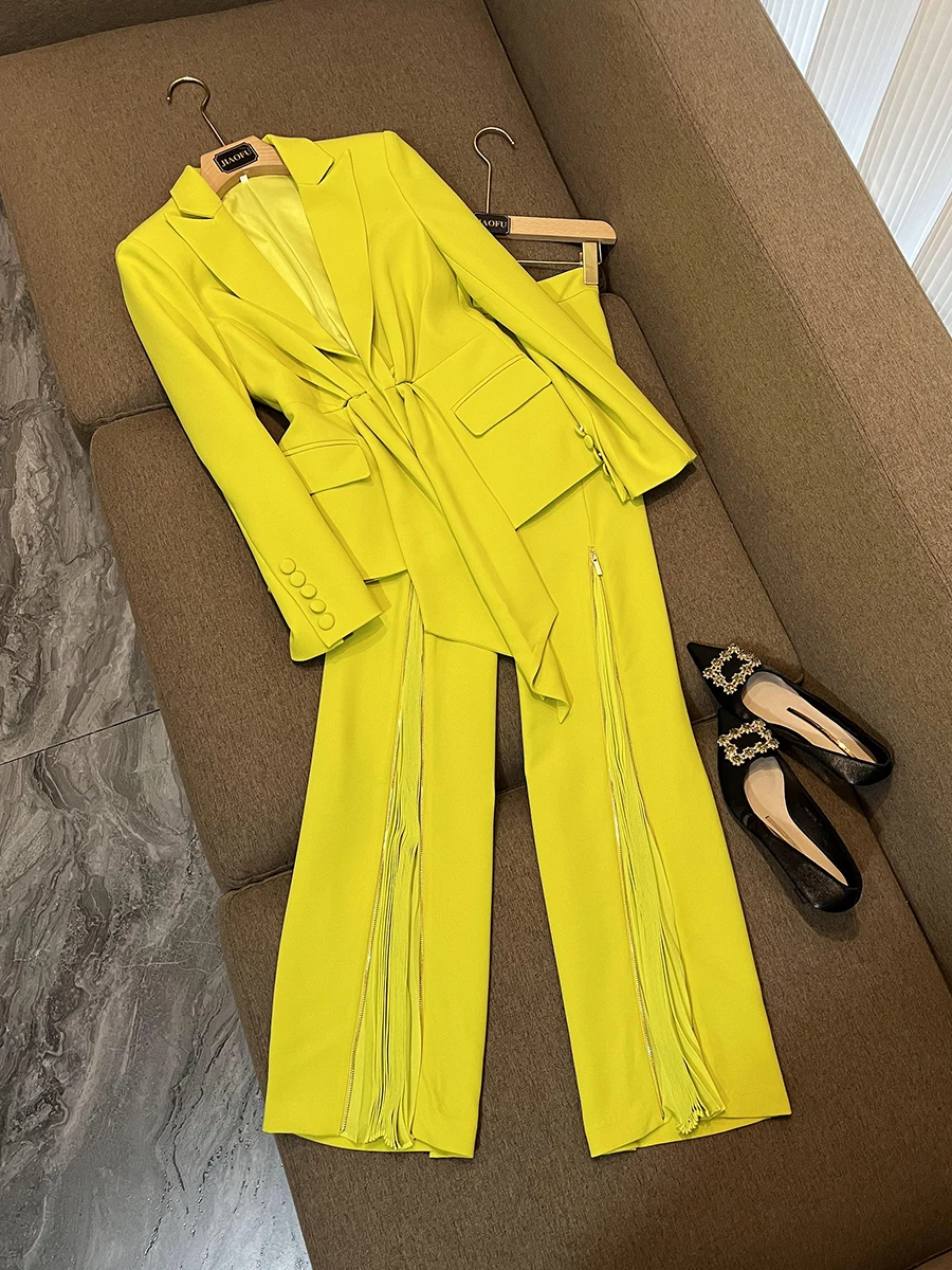 

Модный смокинг-джак со складками с поясом и брюками на молнии, женский осенне-зимний комплект, комплект из двух предметов для поездок на работу