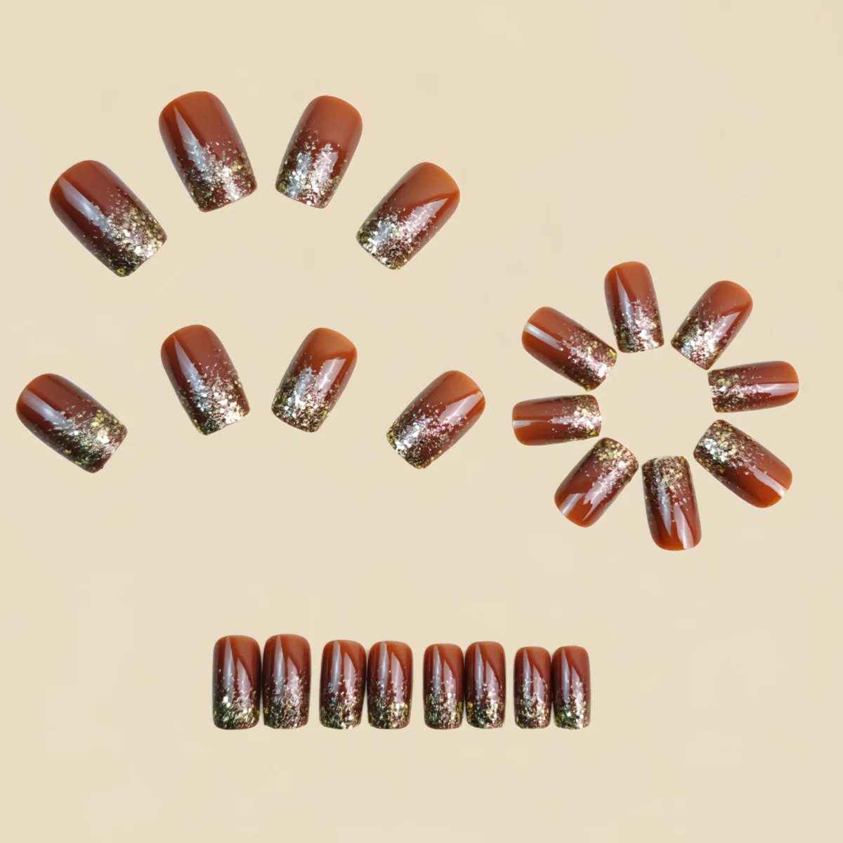 Short Medium fake nails Gradient brown red black silver Sparkling glitter design french Square nail tips press on false nail set