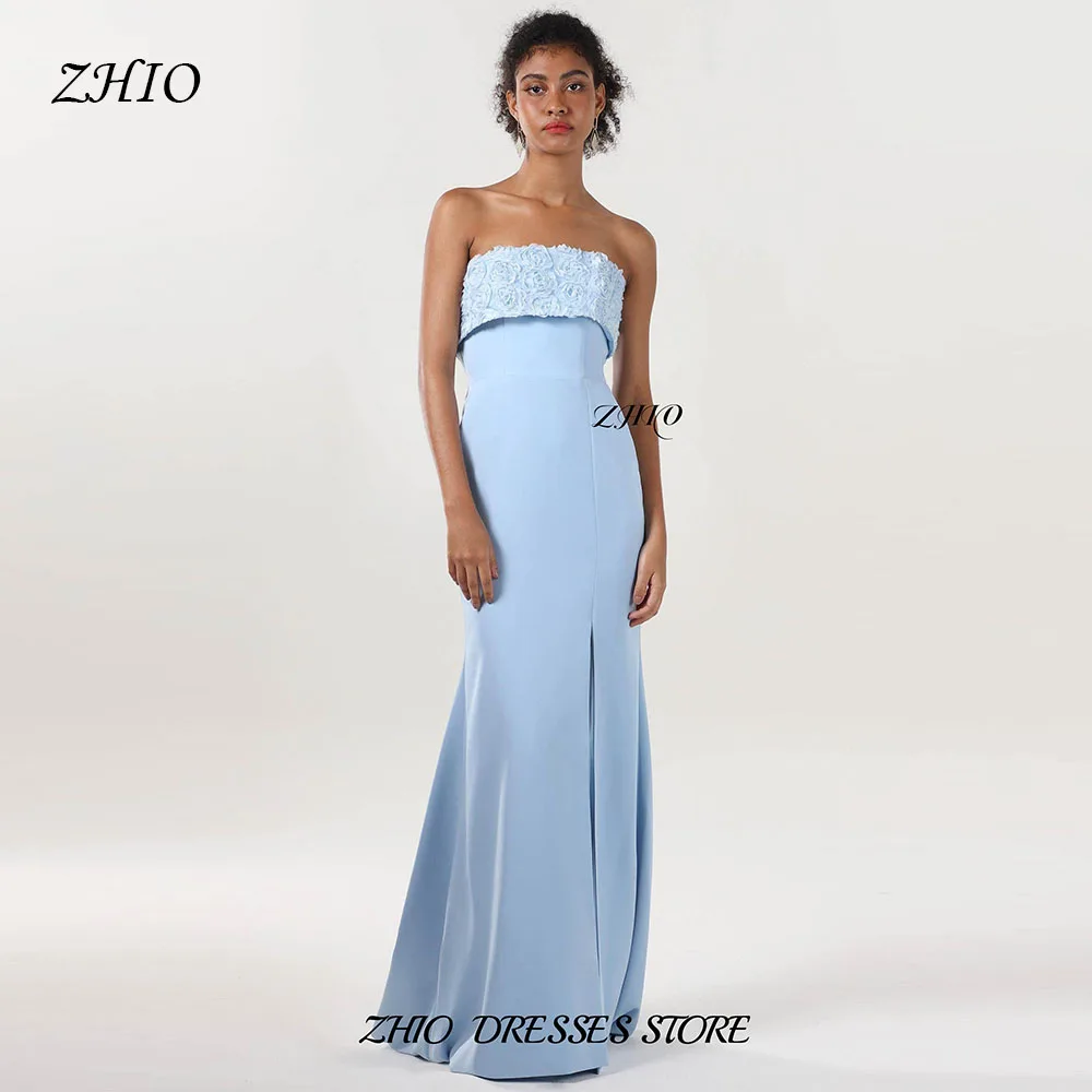

ZHIO Elegant Light Blue Strapless Gown Floral Applique Top Mermaid Skirt High Slit Evening Dress Customized платье вечернее