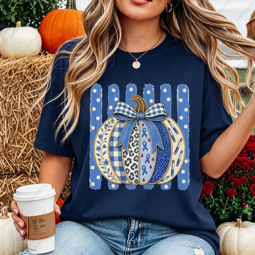 Blue Ribbon Pumpkin Graphic T Shirt Women Diabetes Awareness Printed Tee Halloween Fall US Retro Short Sleeve Top Dailywear