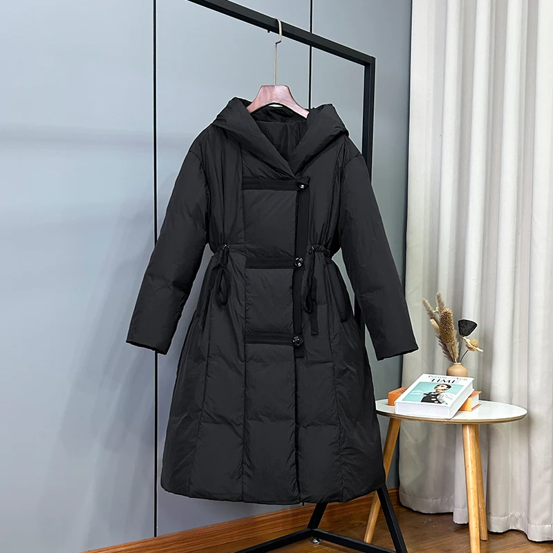 2023 Winter New Large Waist Down Coat for Women Mid Length Windproof Hood Thickened Warm Single Breasted White Duck Down Coat