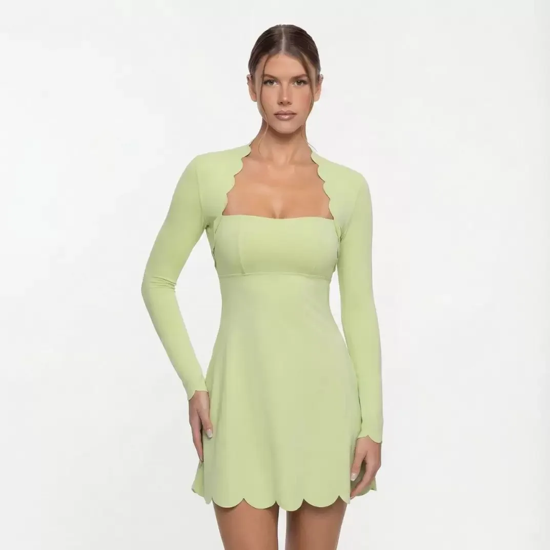 FUBEIKE Tennis Clothes Women\'s Long Sleeve Wave Lace Golf Wear Tennis Skirt Breathable Quick-Drying Yoga One-Piece Dress