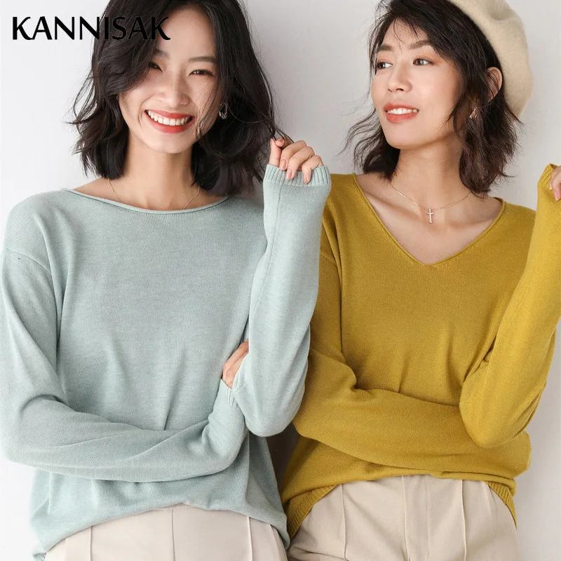 2025 Spring Autumn Womens Sweater Solid Knitwear Korean Loose Female Basic Casual Jumpers Stretch Pullover Sky Blue Pink Sweater