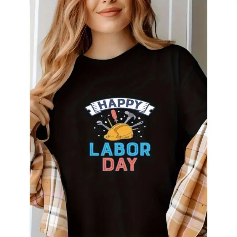 

Women Happy Labor Day T-Shirt Worker Appreciation Graphic Tee Construction Tool Hat Print Job Pride Casual Holiday Gift Top